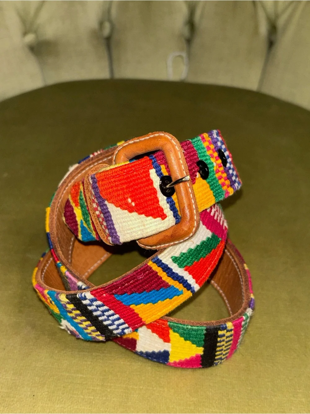 VTG Guatemalan Multicolor Hand Woven Handmade Leather Belt Unisex 36 Boho Hippie